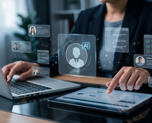 Business Professional Using Laptop And Tablet With Ai Recruitment Interface